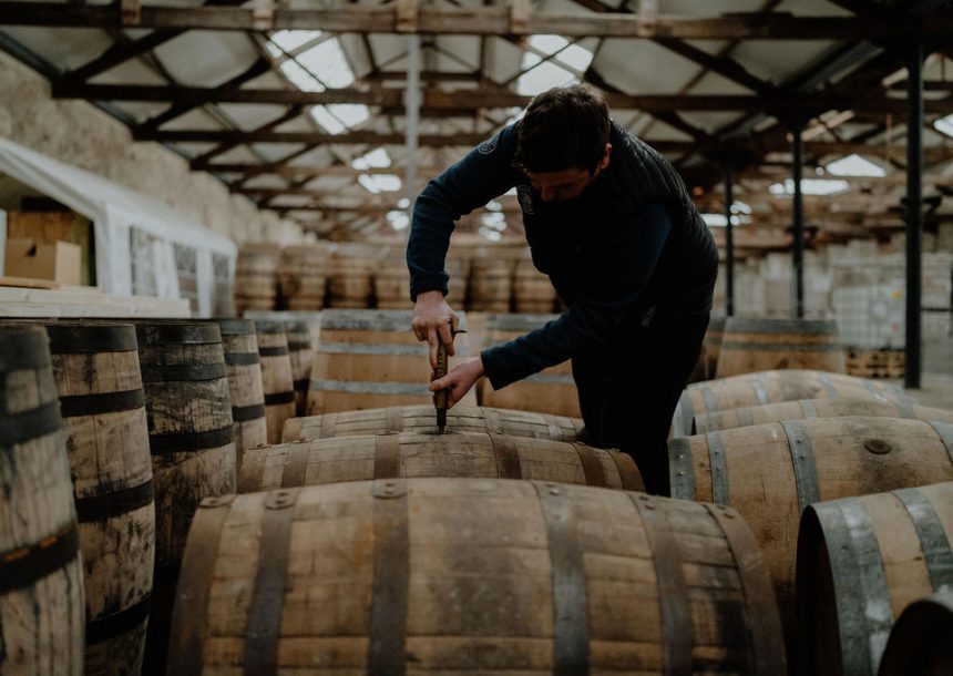 Distiller sampling whisky from cask